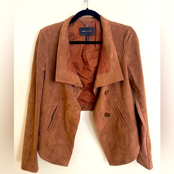 BCBG Sued Brown Waterfall Collar Draped Front Jacket Women Size  S US - Picture 1 of 4